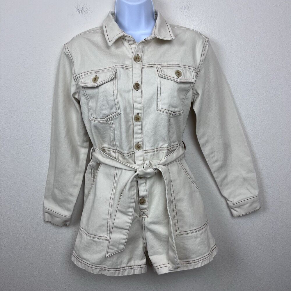 Rhythm Romper Womens Medium Cream Sinclair Denim Boiler Suit Utility Belted